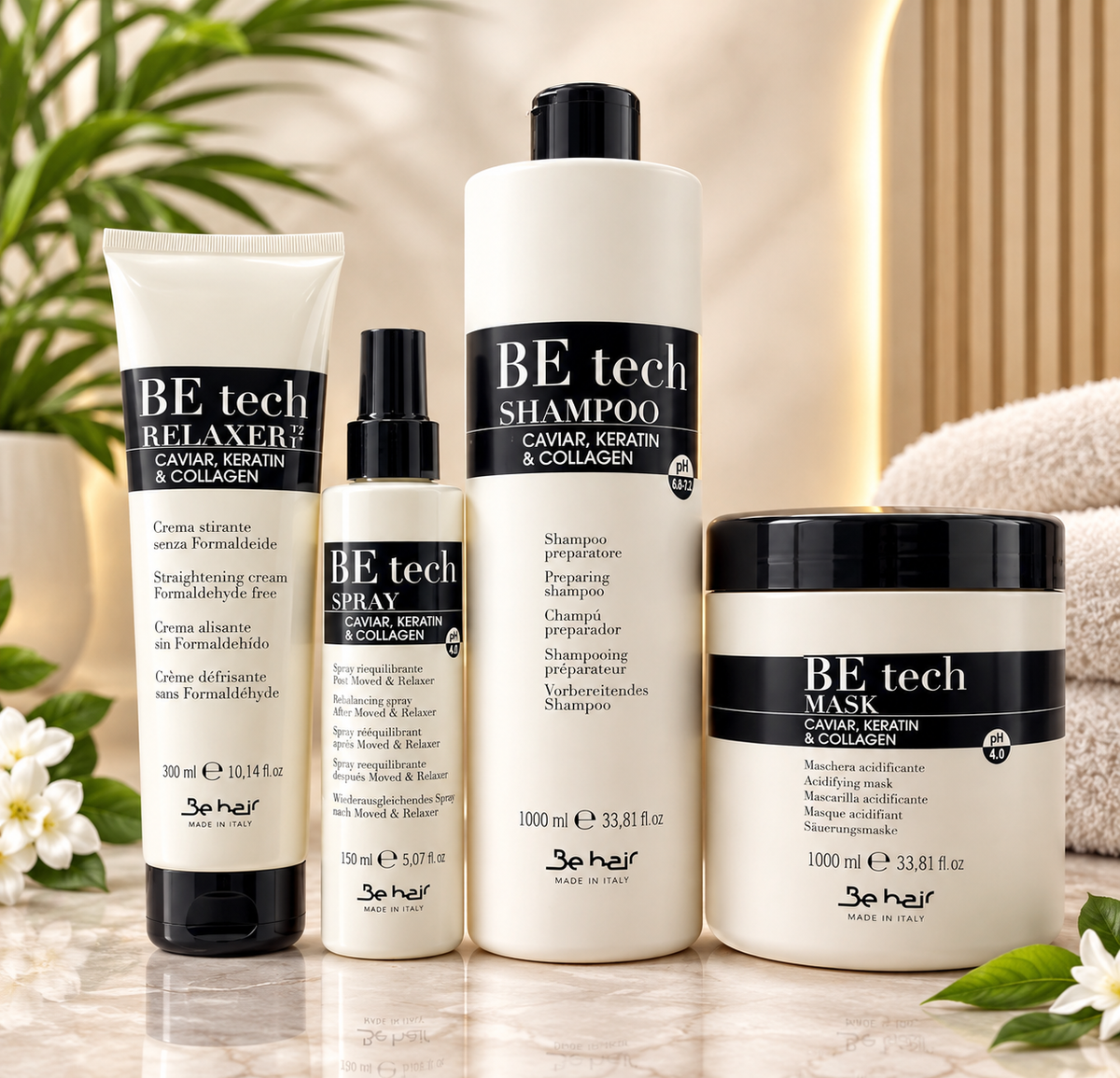 BE Tech Caviar, Keratin & Collagen Hair Care Set – Relaxer, Spray, Shampoo & Mask
